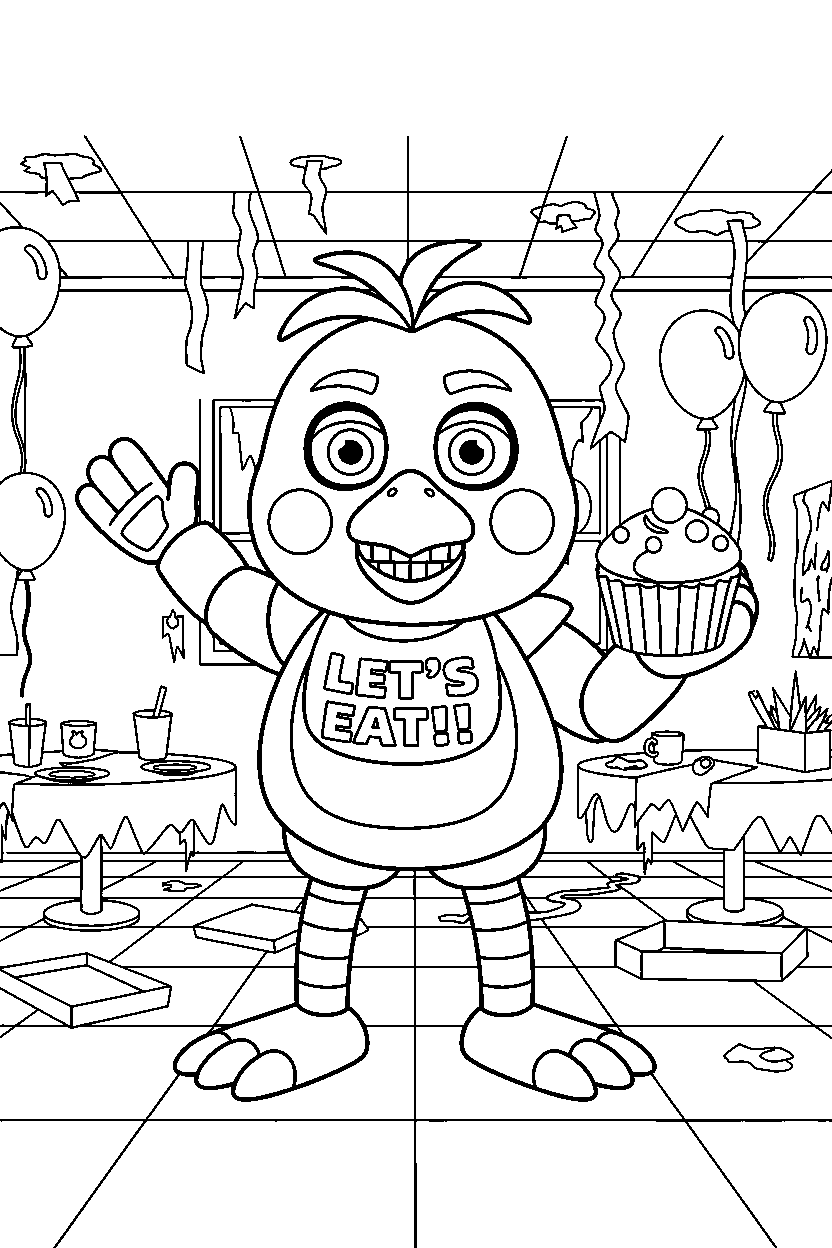 fnaf chica posing in old party room line art