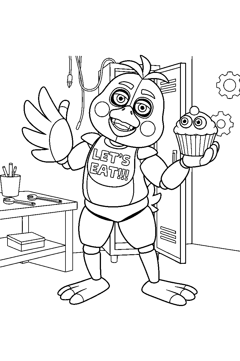 fnaf chica posing in repair room line art