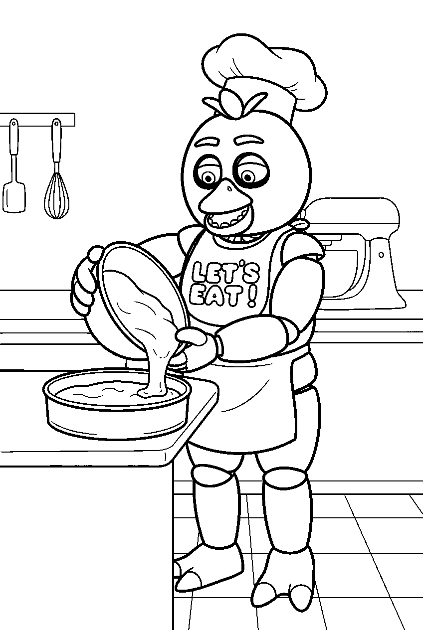 fnaf chica pouring cake batter into a round pan at the pastry station line art