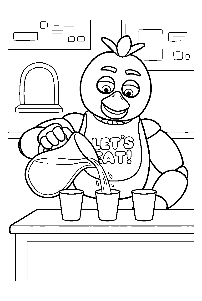 fnaf chica pouring juice into paper cups at the snack counter line art
