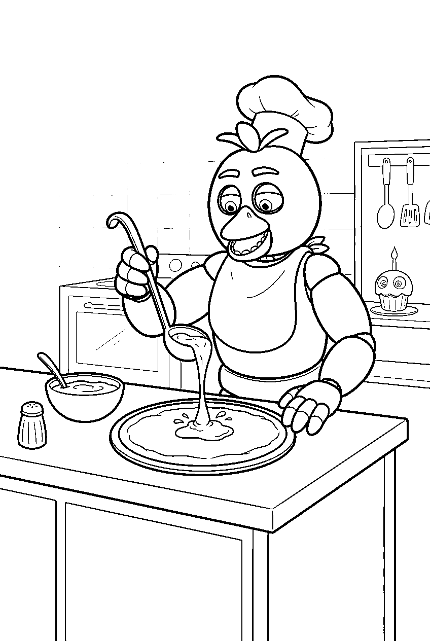 fnaf chica pouring tomato sauce onto a pizza crust at the preparation counter line art