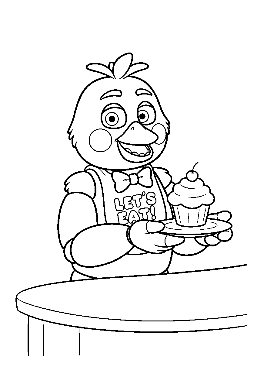 fnaf chica presenting a cupcake on a small plate at the dining counter line art