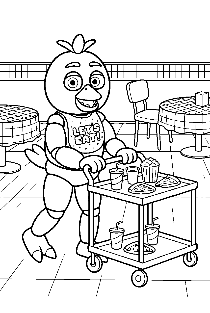 fnaf chica pushing a snack cart through the pizzeria dining room line art