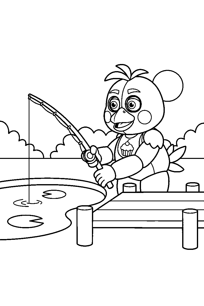 fnaf chica reaching at fishing spot line art