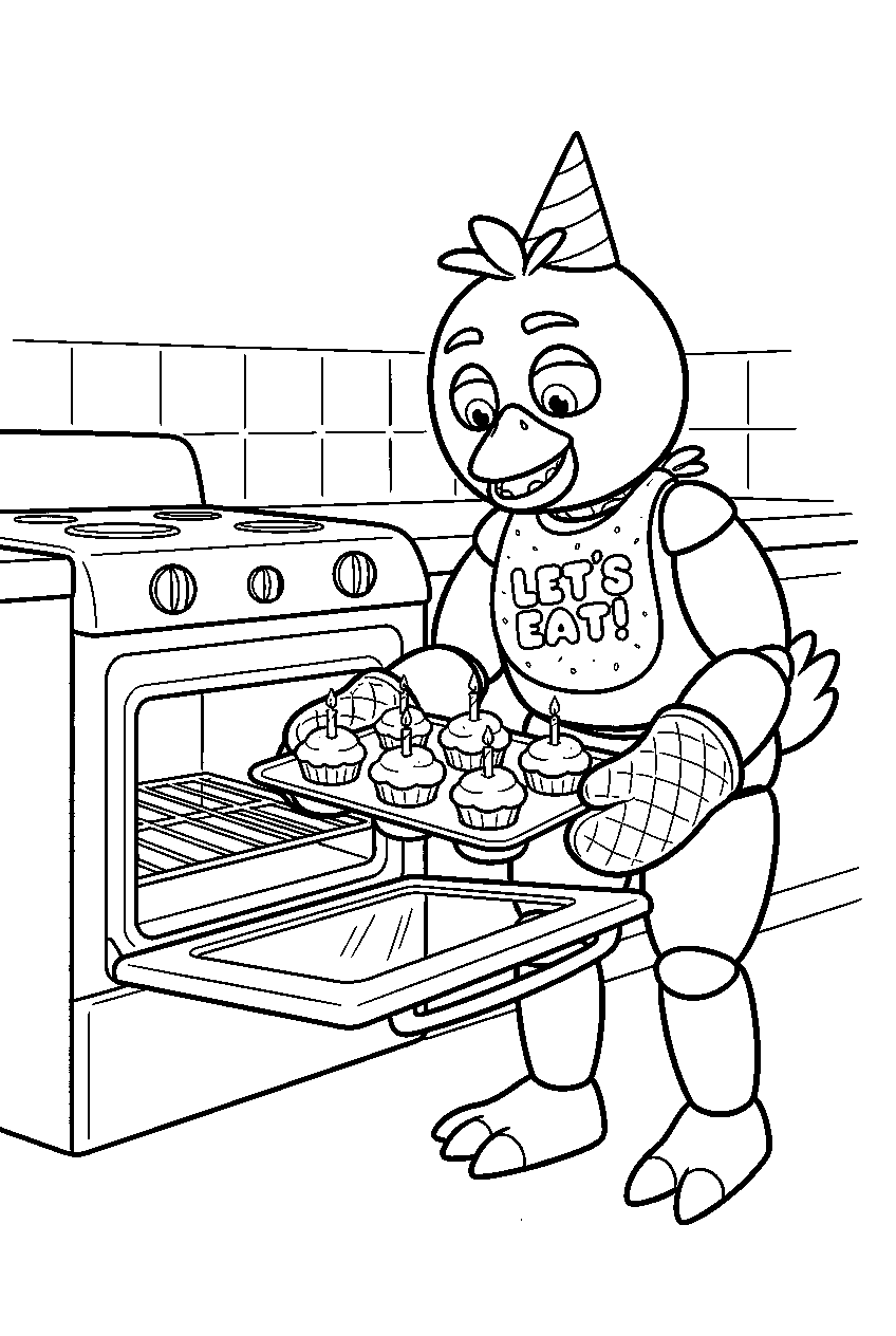 fnaf chica removing a baked cupcake tray from the oven with mitts line art