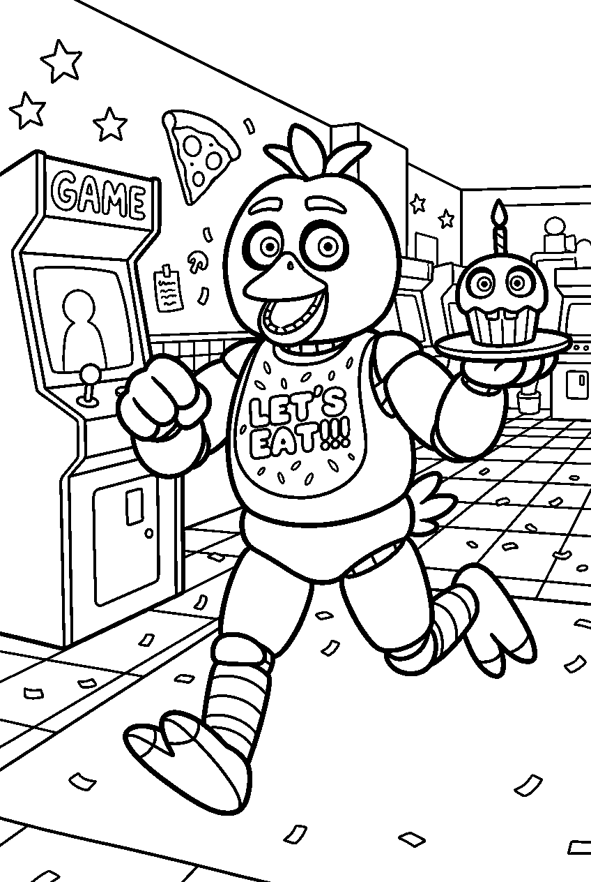 fnaf chica running in game room line art