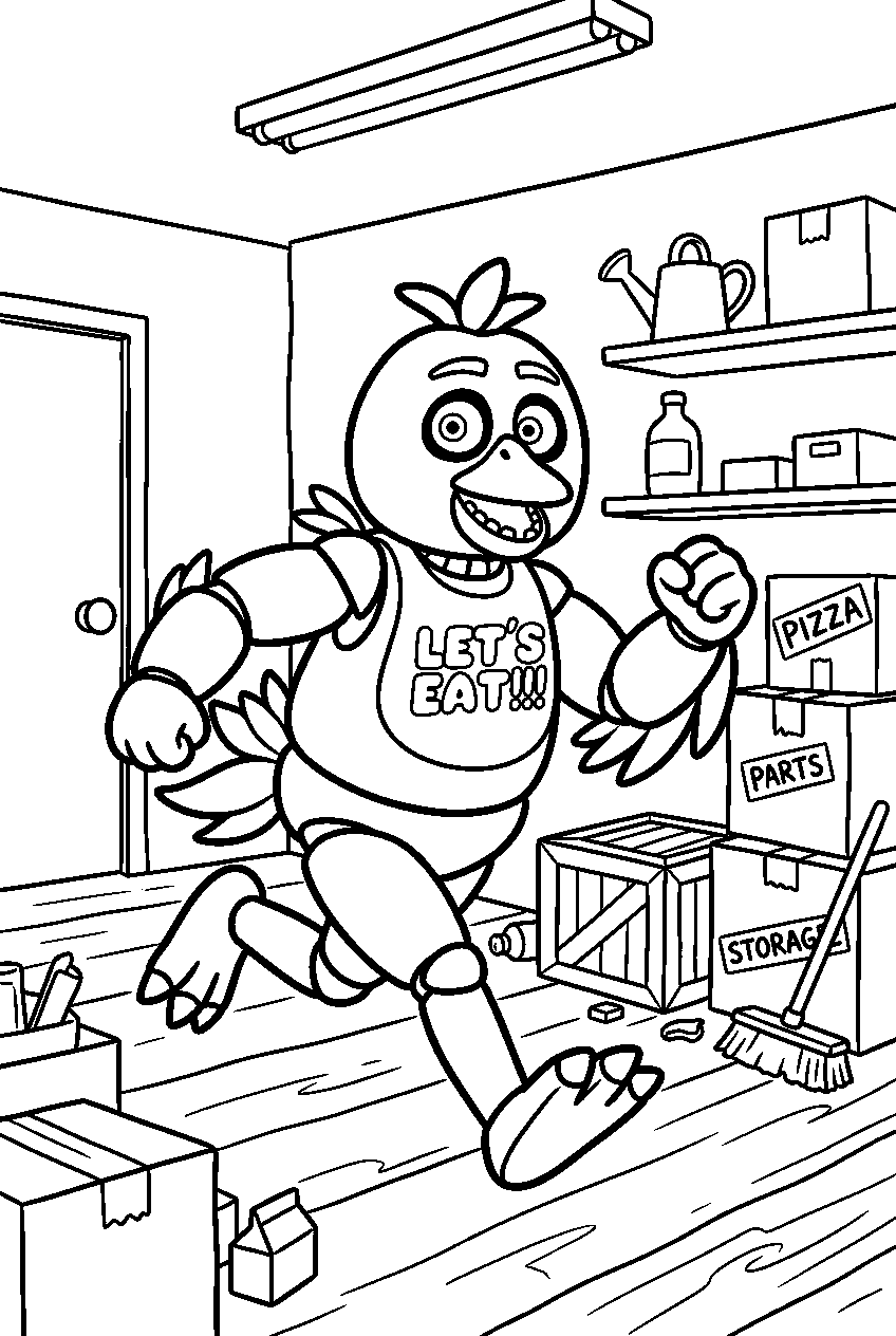 fnaf chica running in storage room line art