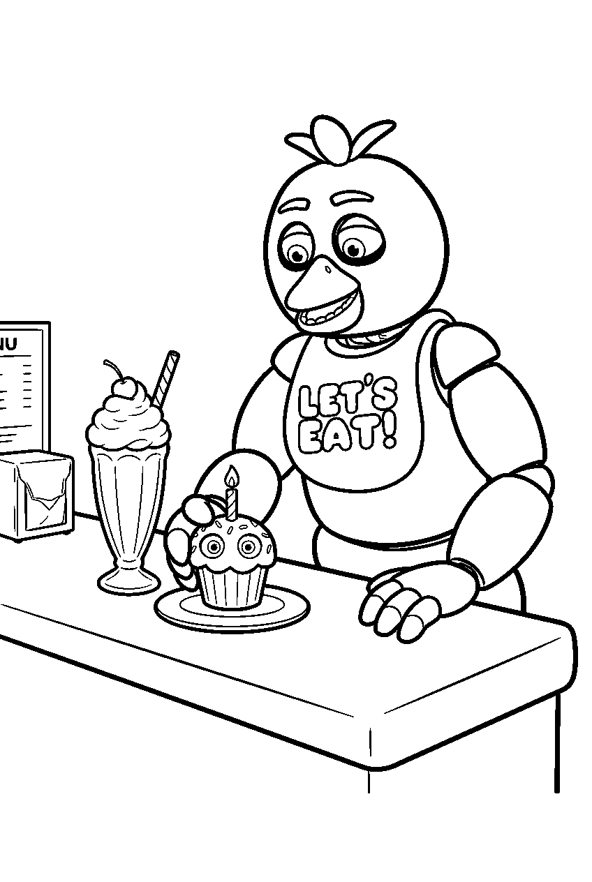 fnaf chica setting a cupcake beside a milkshake on the snack bar line art