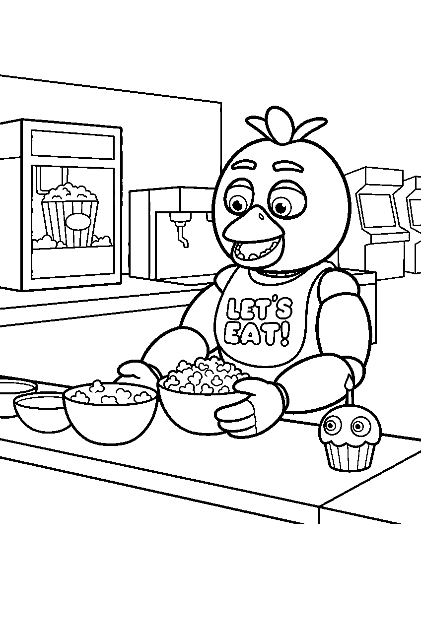 fnaf chica setting popcorn bowls along the pizzeria arcade snack bar line art