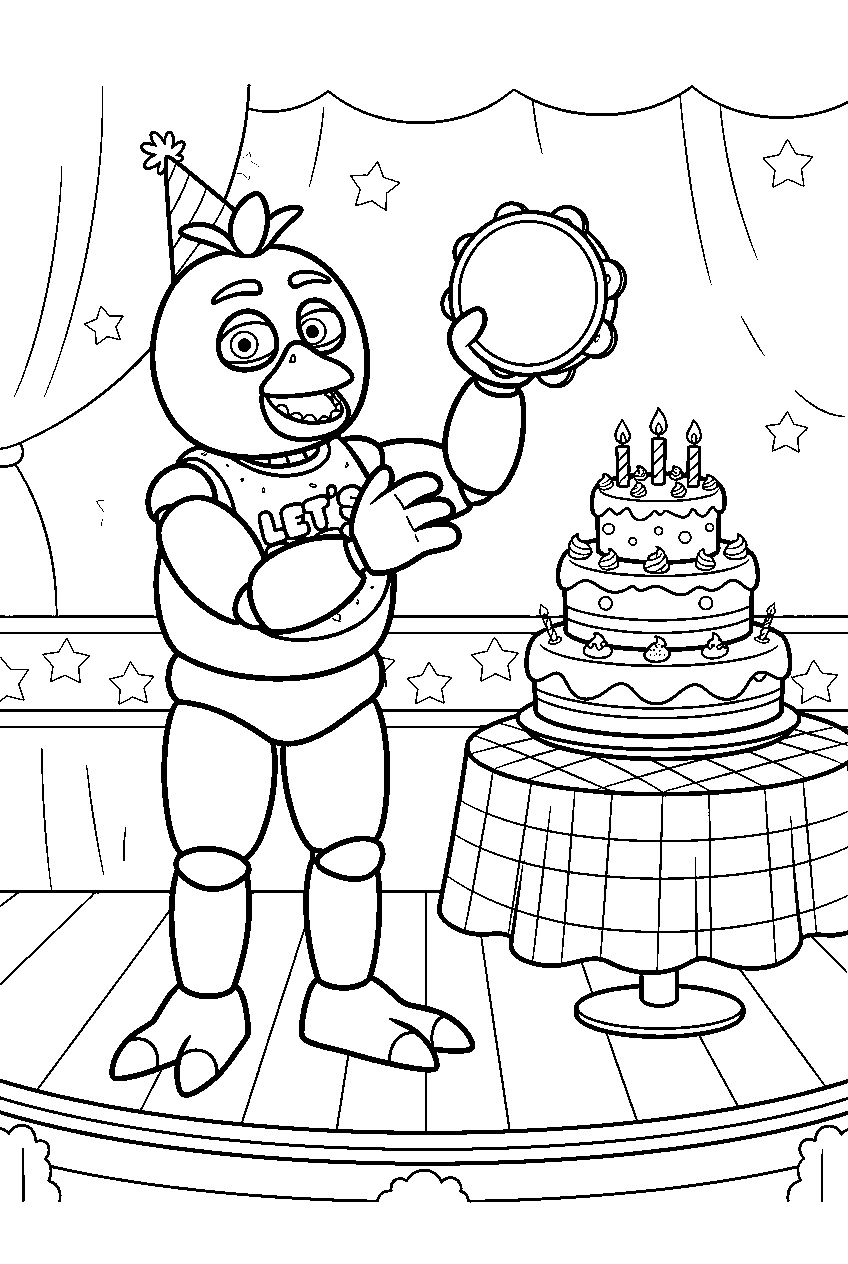 fnaf chica shaking a tambourine beside the cake display on the mini stage line art