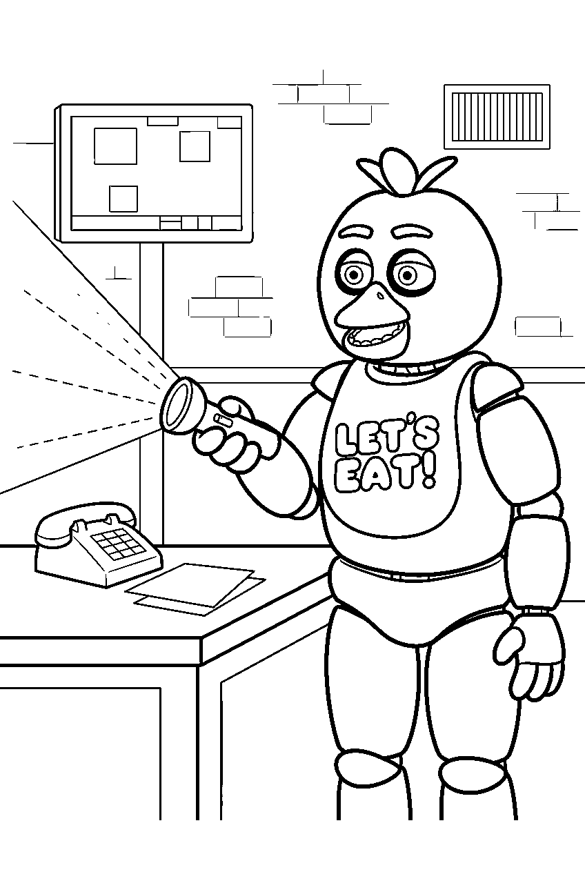 fnaf chica shining a flashlight beside the desk in the security office line art