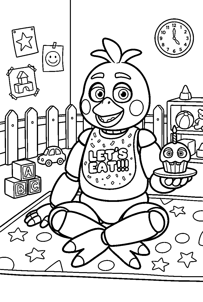 fnaf chica sitting in daycare line art
