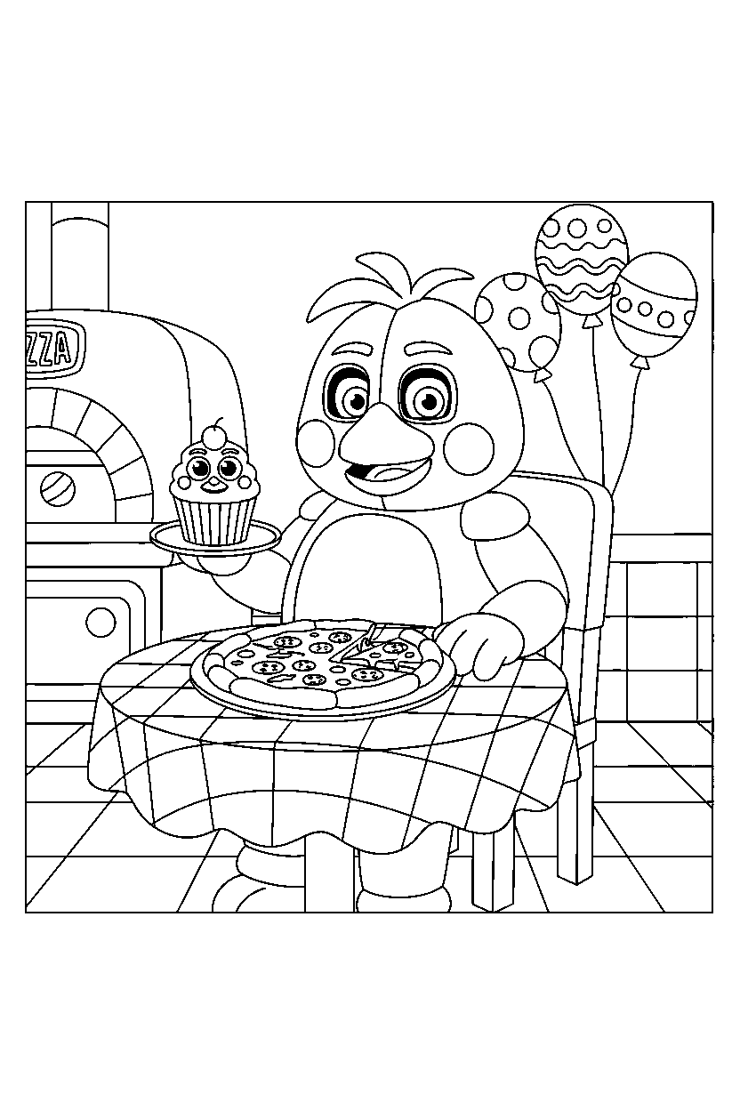 fnaf chica sitting in pizzeria line art