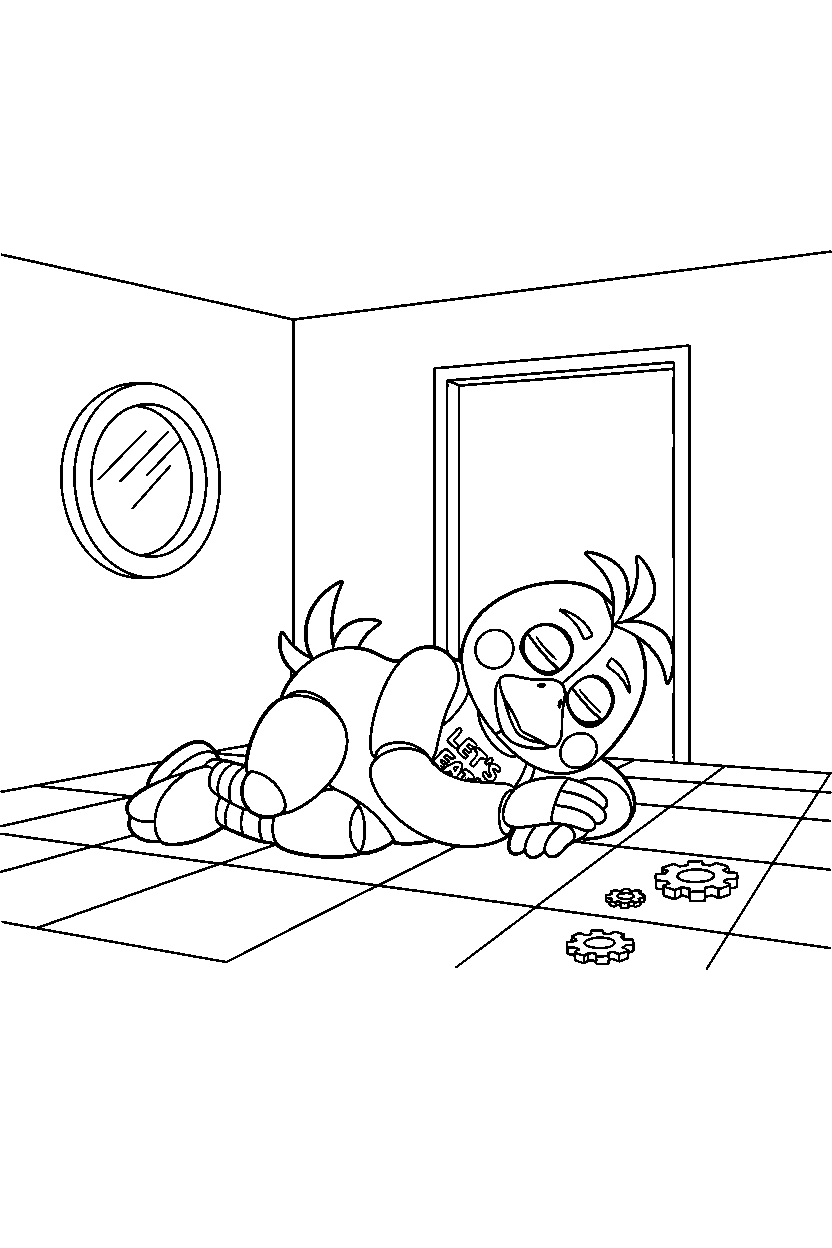 fnaf chica sleeping in empty room line art