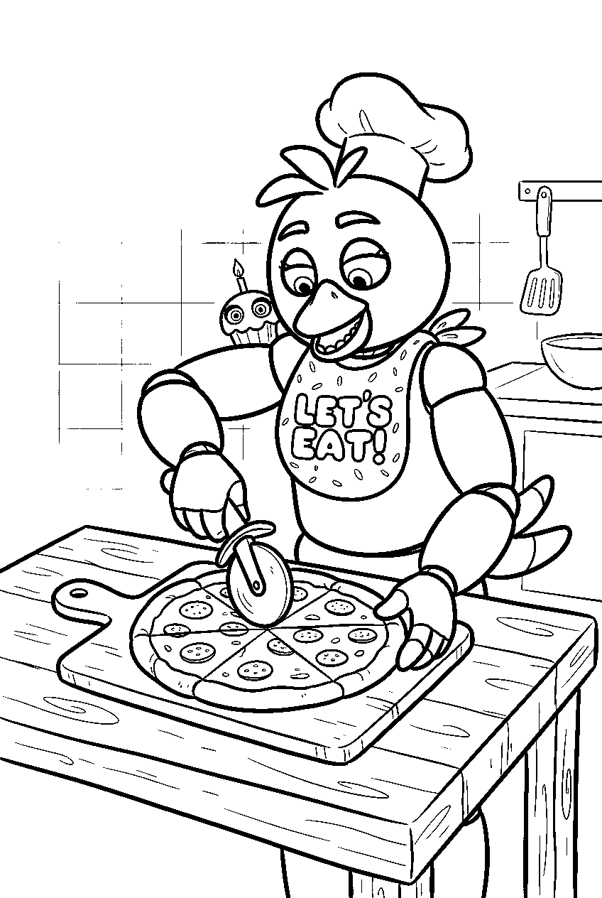 fnaf chica slicing a pizza with a wheel at the kitchen preparation table line art
