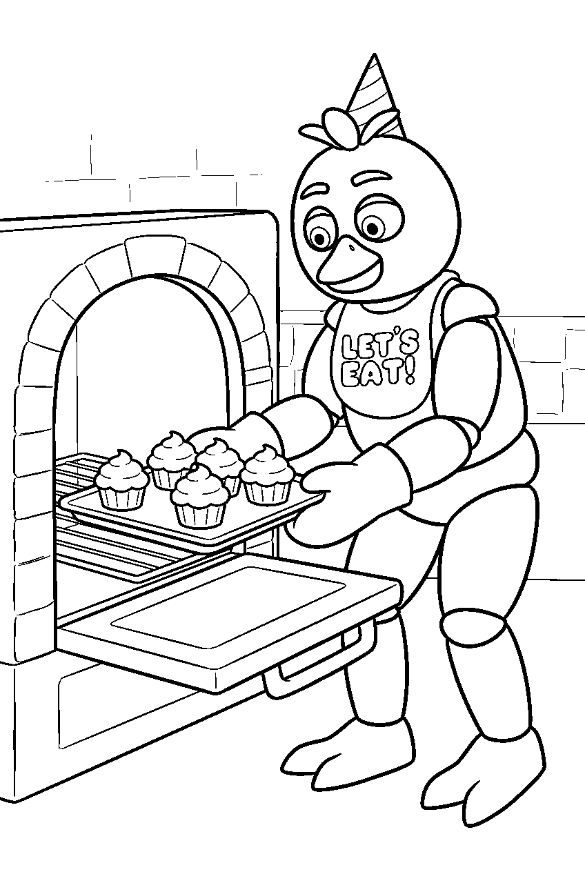 fnaf chica sliding a cupcake tray into the pizzeria oven line art