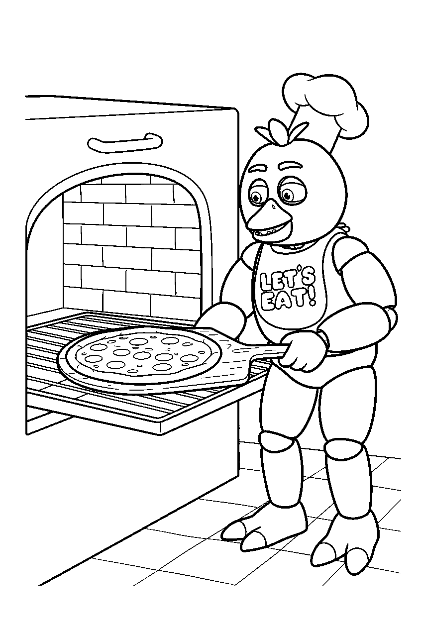 fnaf chica sliding a pizza onto the oven rack with a wooden paddle line art