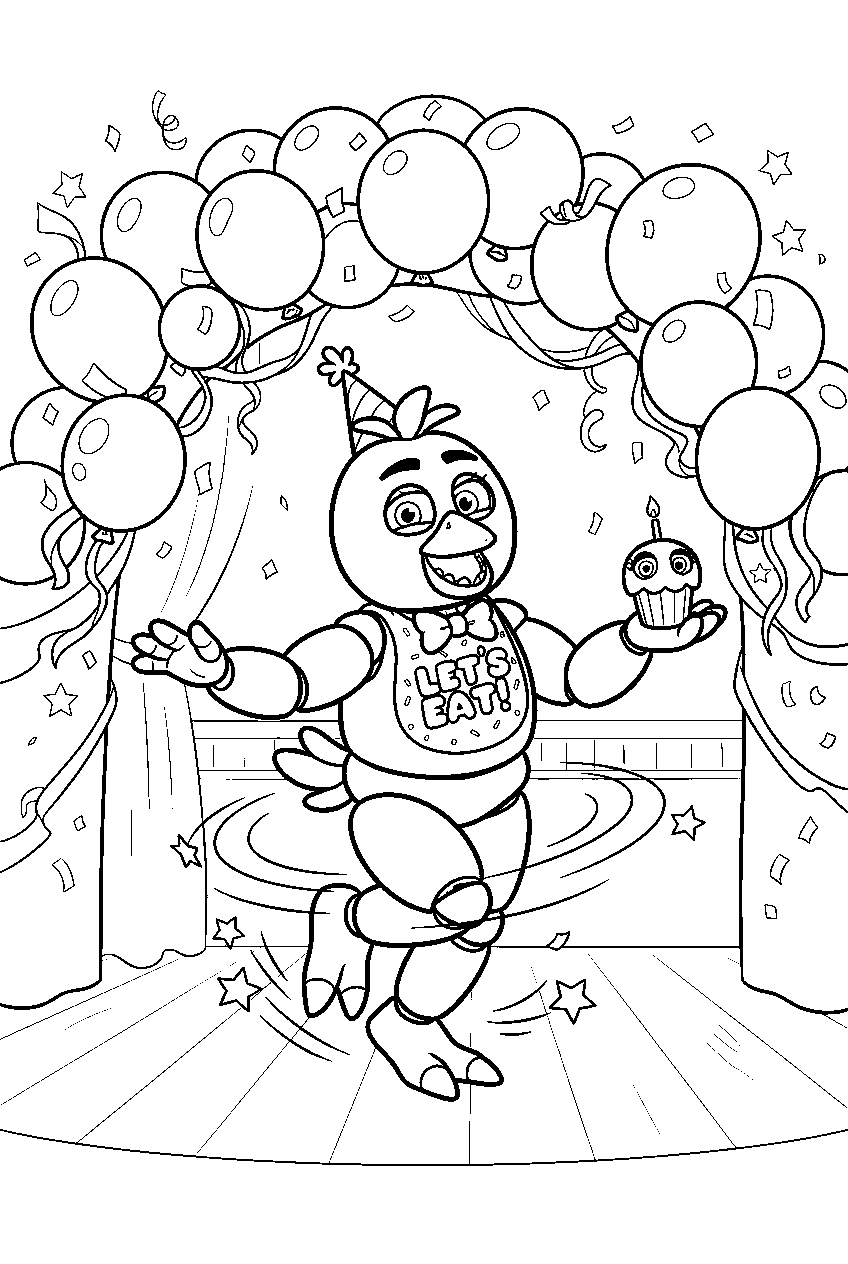 fnaf chica spinning beneath a balloon arch in the celebration room line art