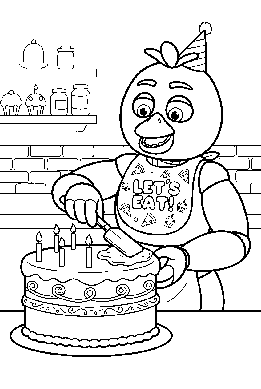 fnaf chica spreading frosting across a birthday cake at the dessert station line art
