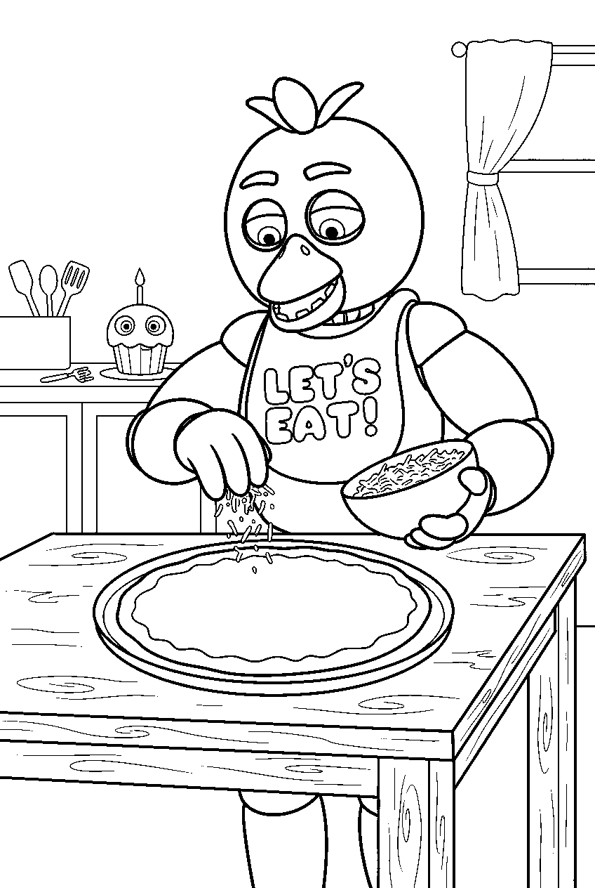 fnaf chica sprinkling cheese across a pizza crust on the kitchen table line art