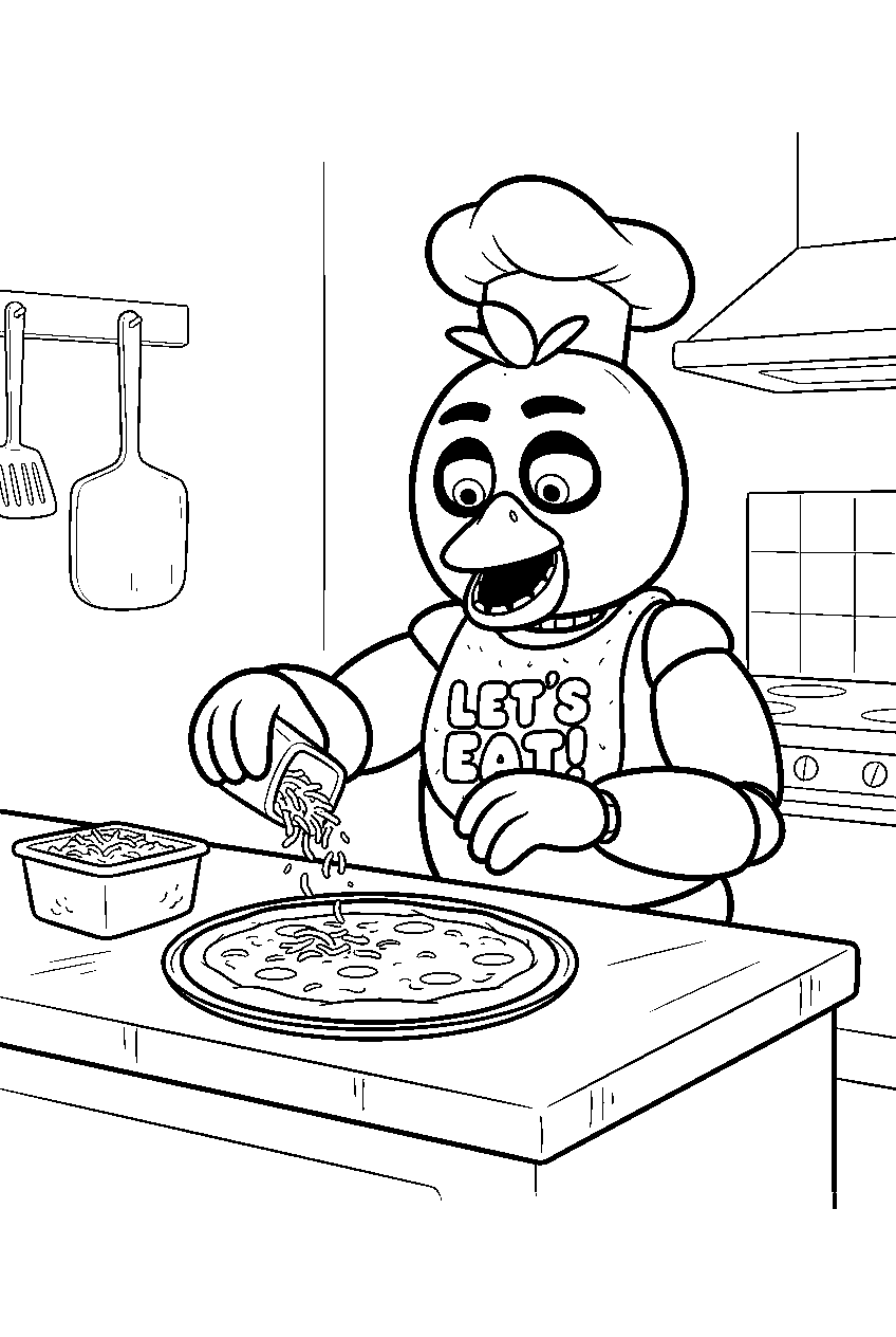 fnaf chica sprinkling cheese on a pizza at the preparation counter line art