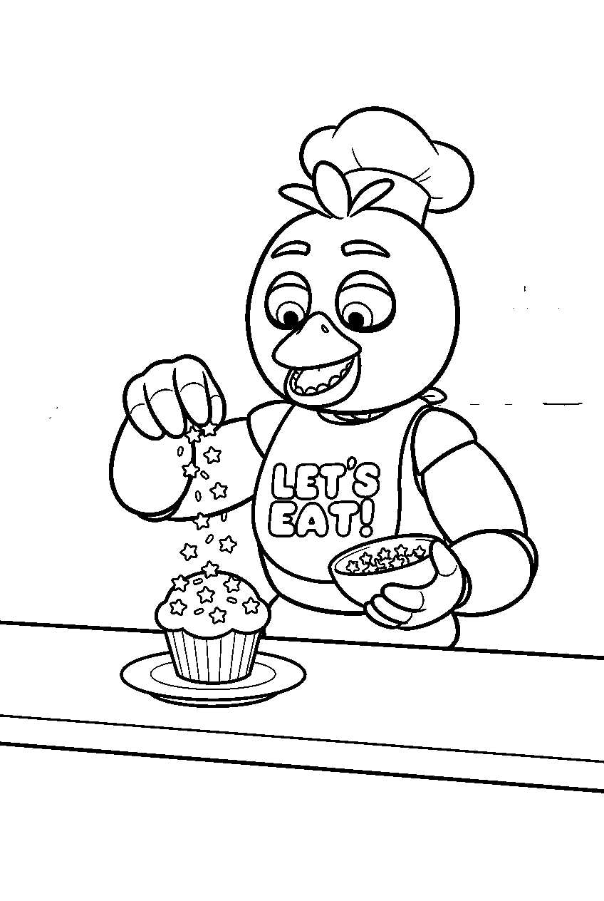 fnaf chica sprinkling star toppings over a cupcake at the dessert counter line art