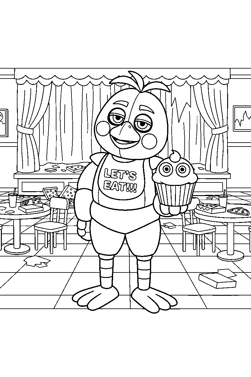 fnaf chica standing calmly in abandoned pizzeria line art
