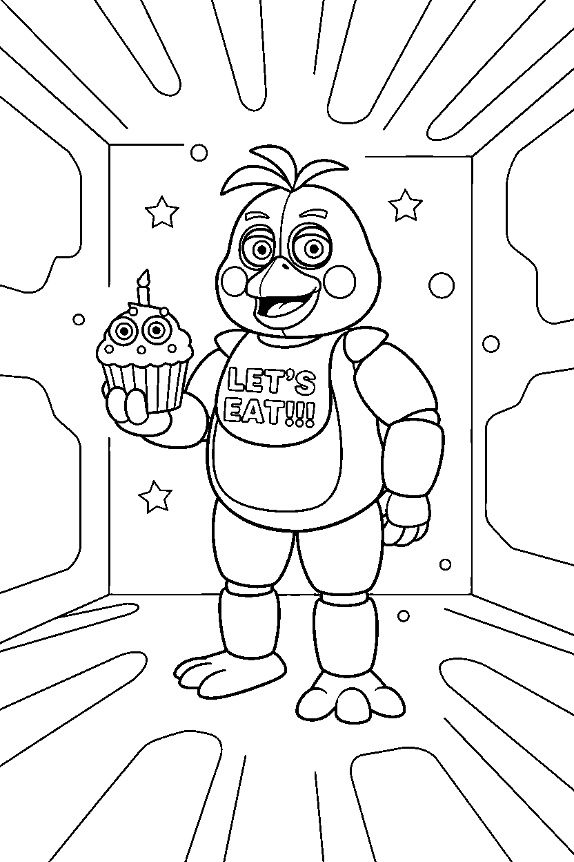 fnaf chica standing calmly in glowing room line art
