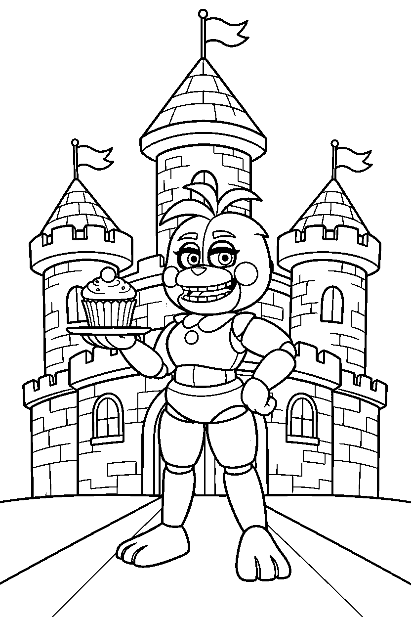 fnaf chica standing confidently in castle line art