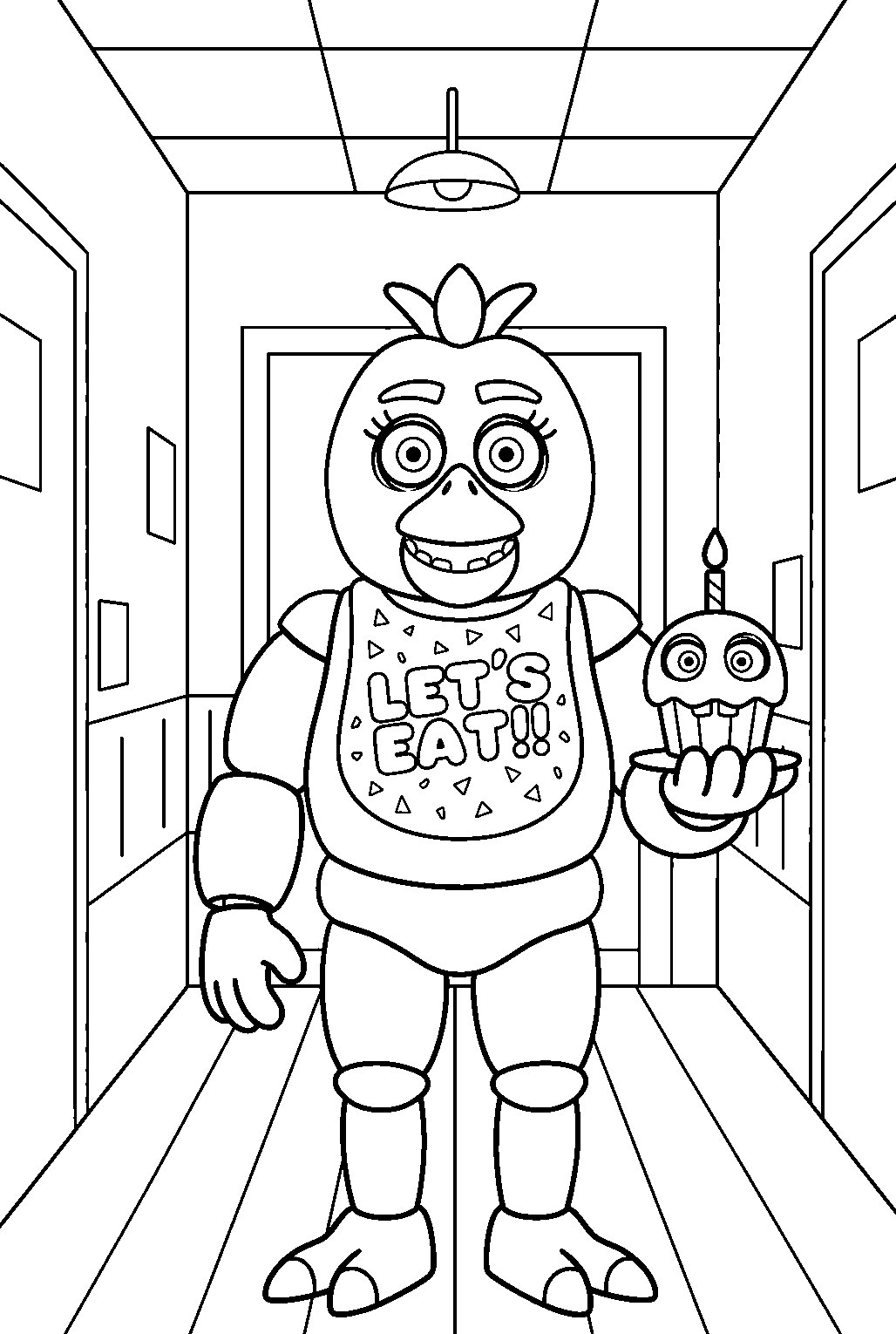fnaf chica standing confidently in dark hallway line art