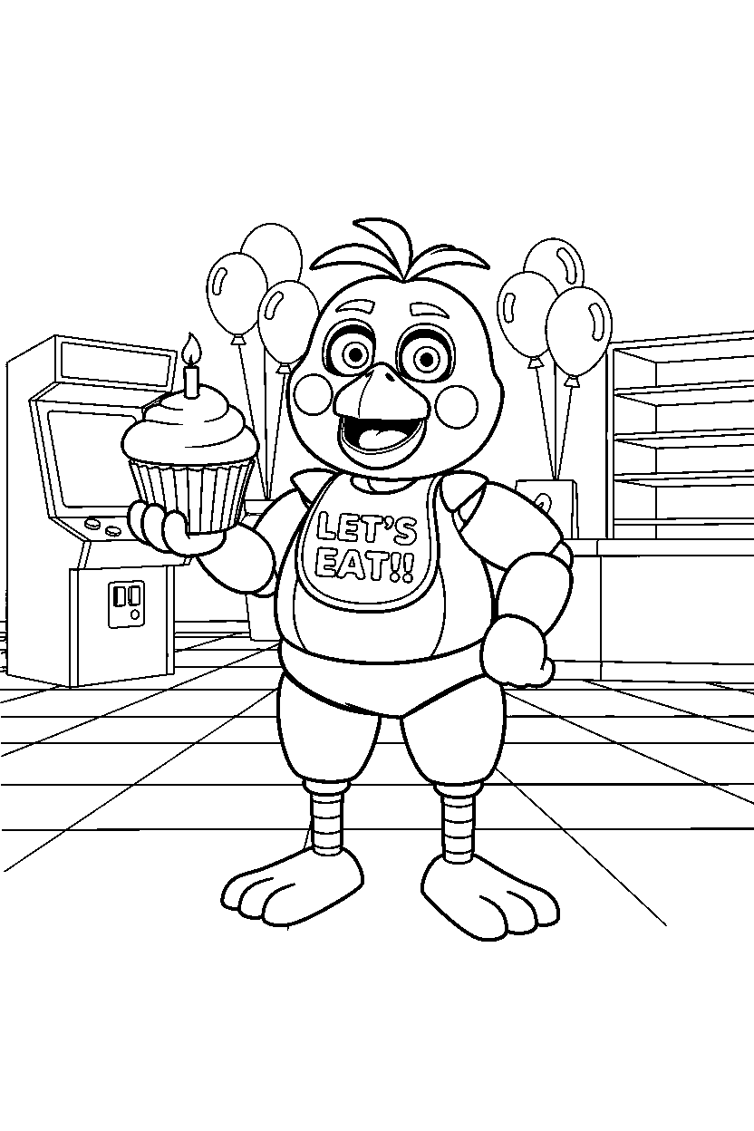 fnaf chica standing confidently in game room line art