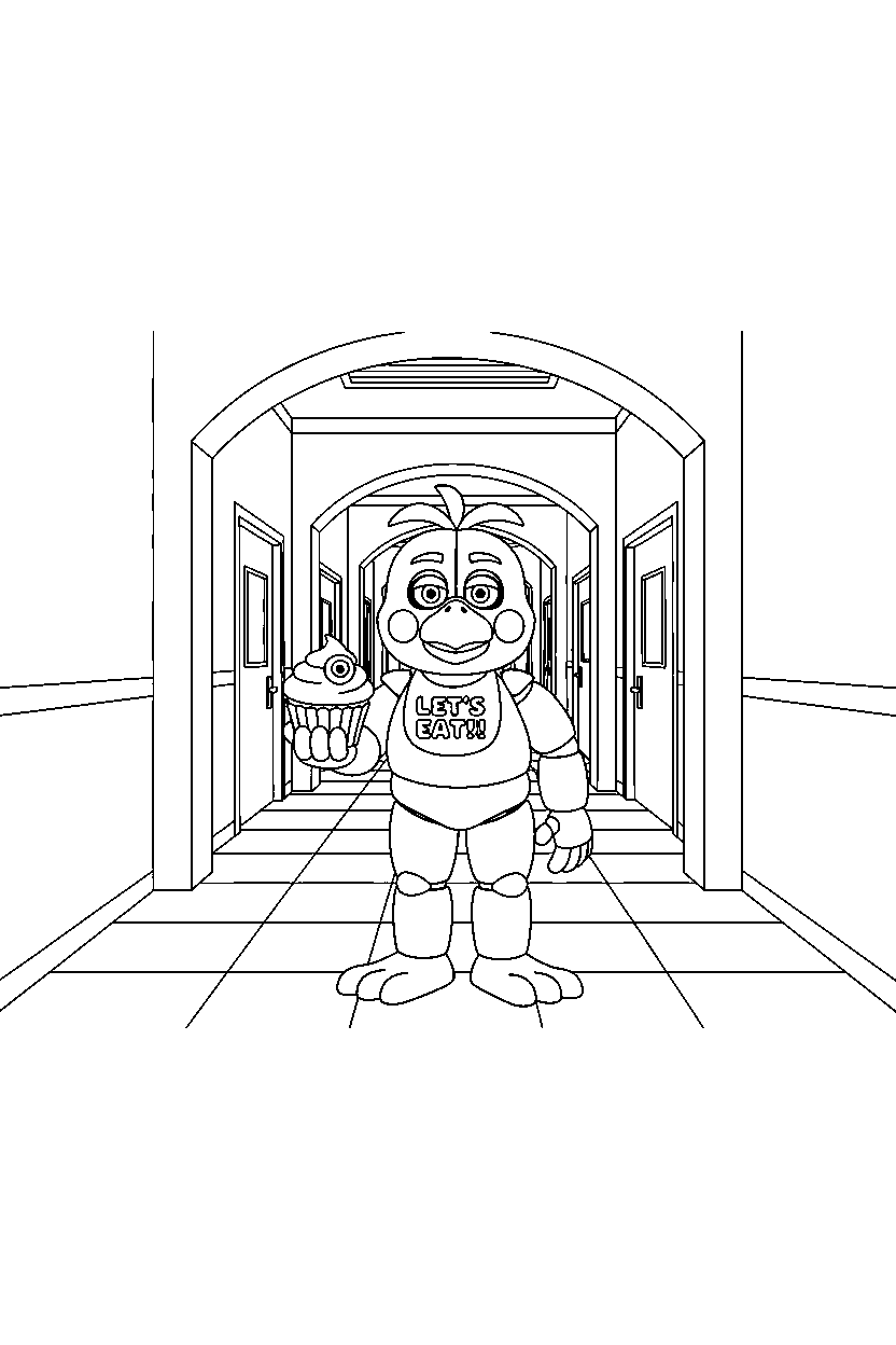 fnaf chica standing in hallway line art