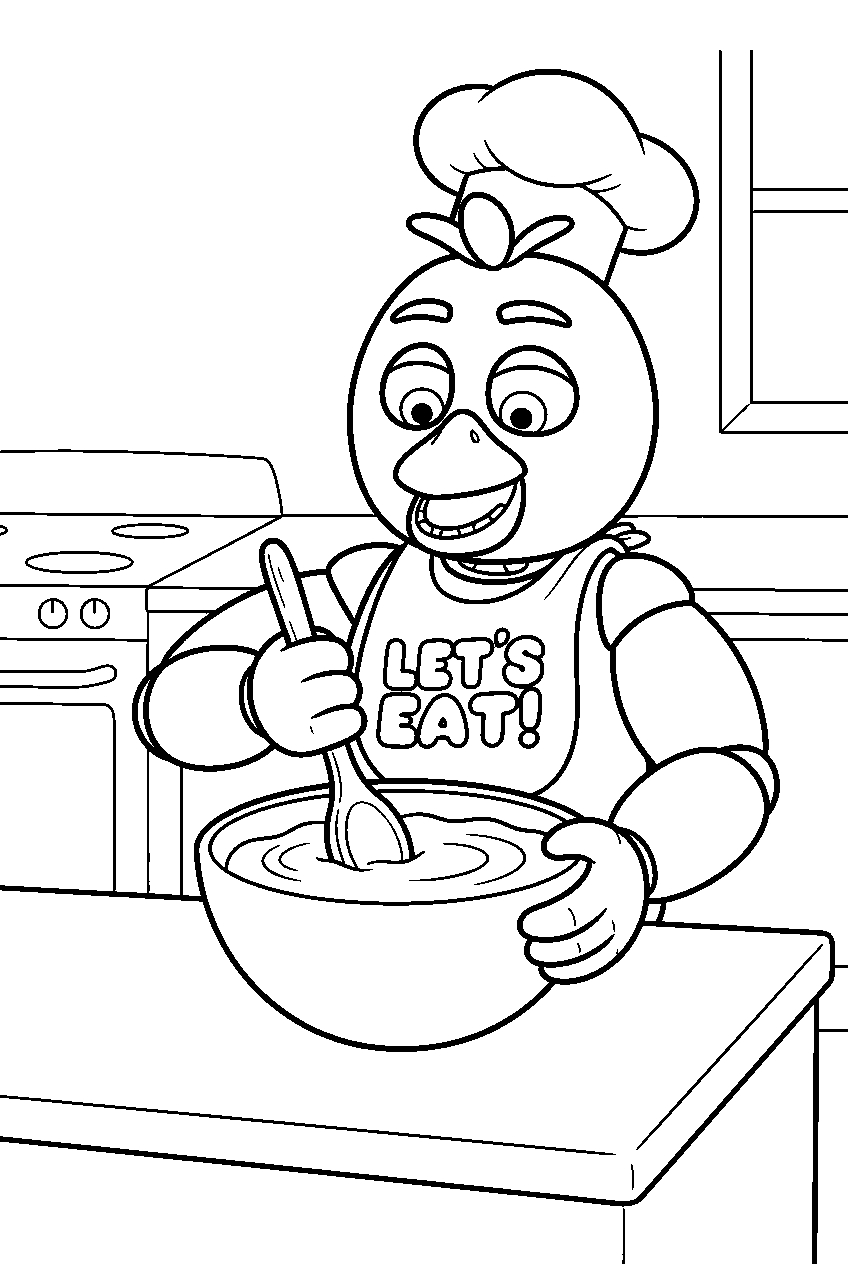 fnaf chica stirring cake batter in a mixing bowl at the kitchen worktop line art