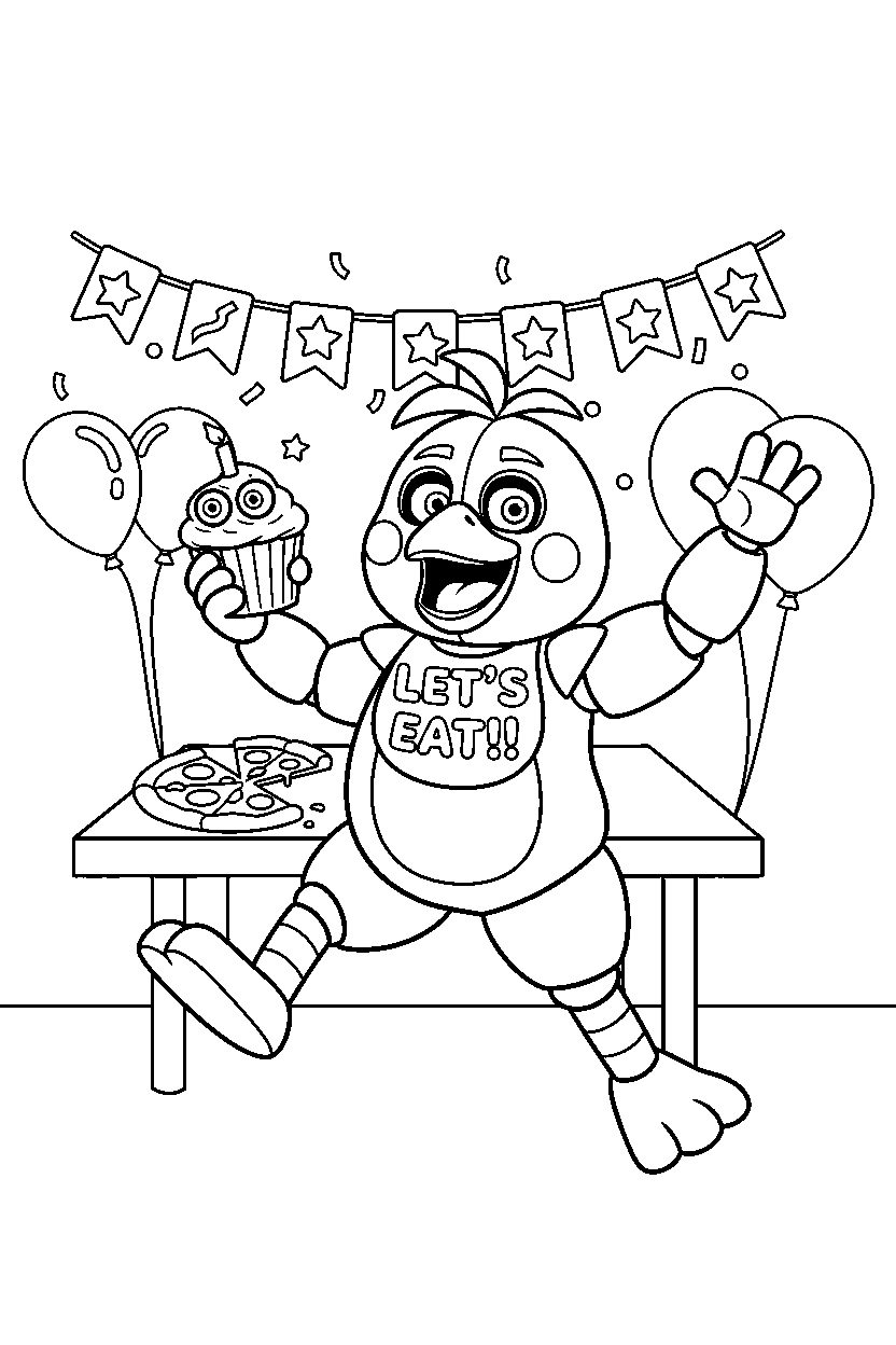 fnaf chica the chicken animatronic dancing happily in a decorated party room line art