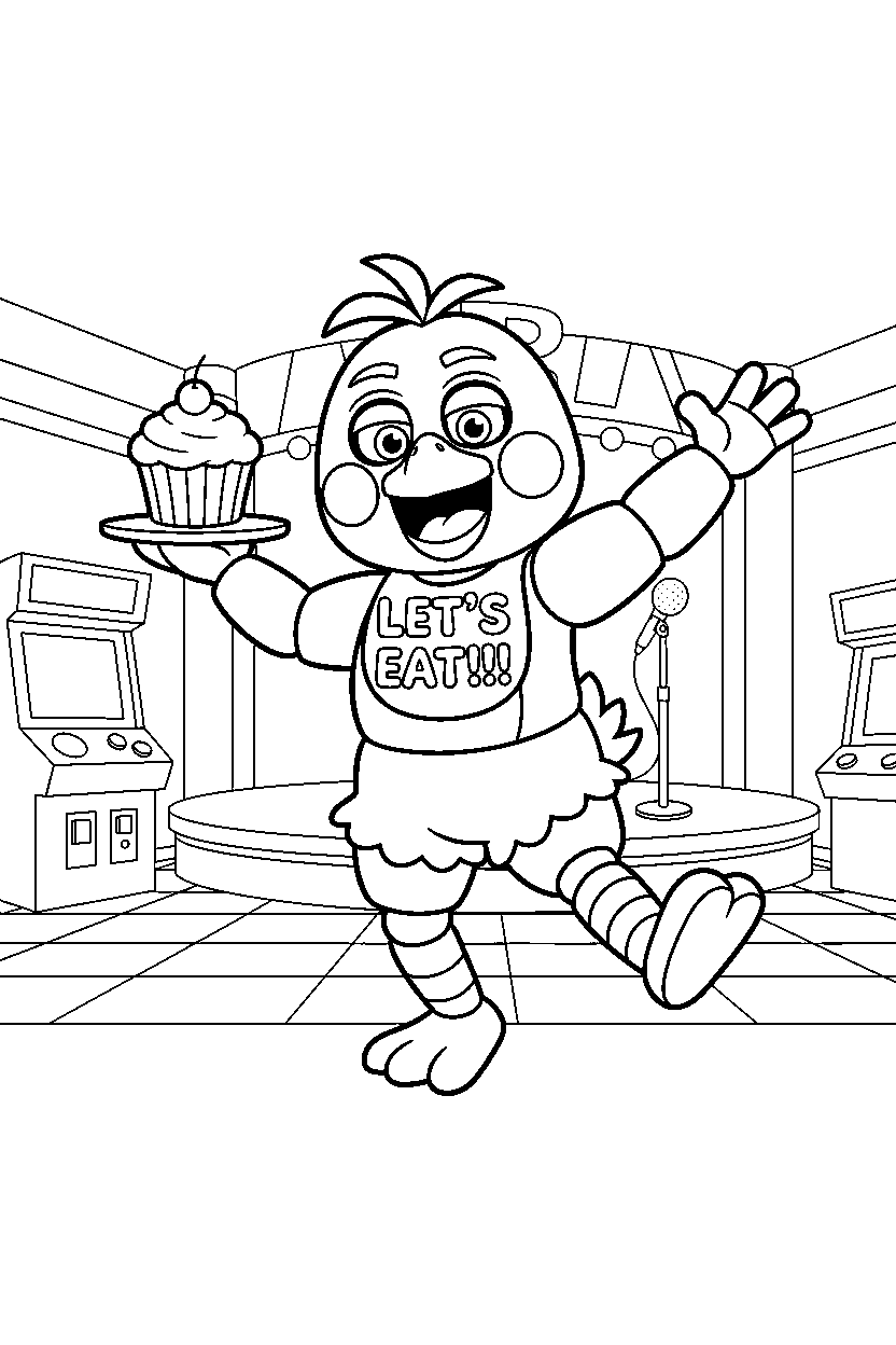 fnaf chica the chicken animatronic dancing happily in a fun entertainment center line art