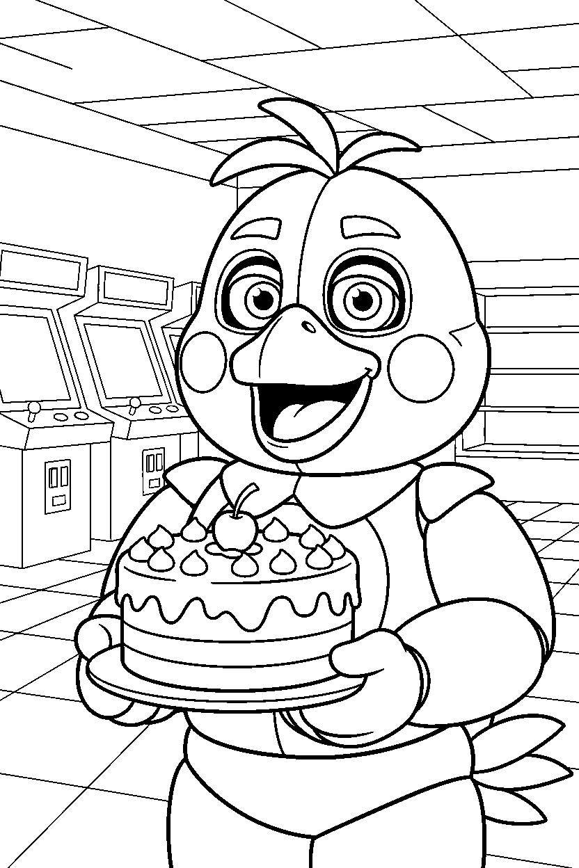 fnaf chica the chicken animatronic holding a cake in a bright game arcade line art