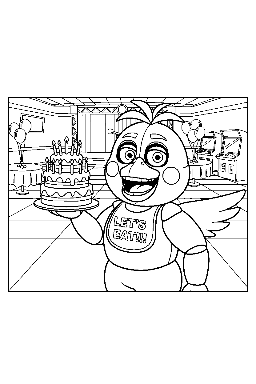 fnaf chica the chicken animatronic holding a cake in a fun entertainment center line art