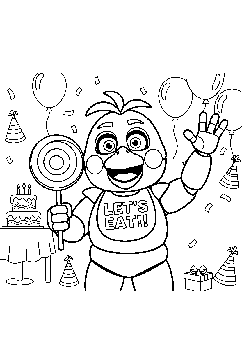 fnaf chica the chicken animatronic holding a candy in a bright party room line art