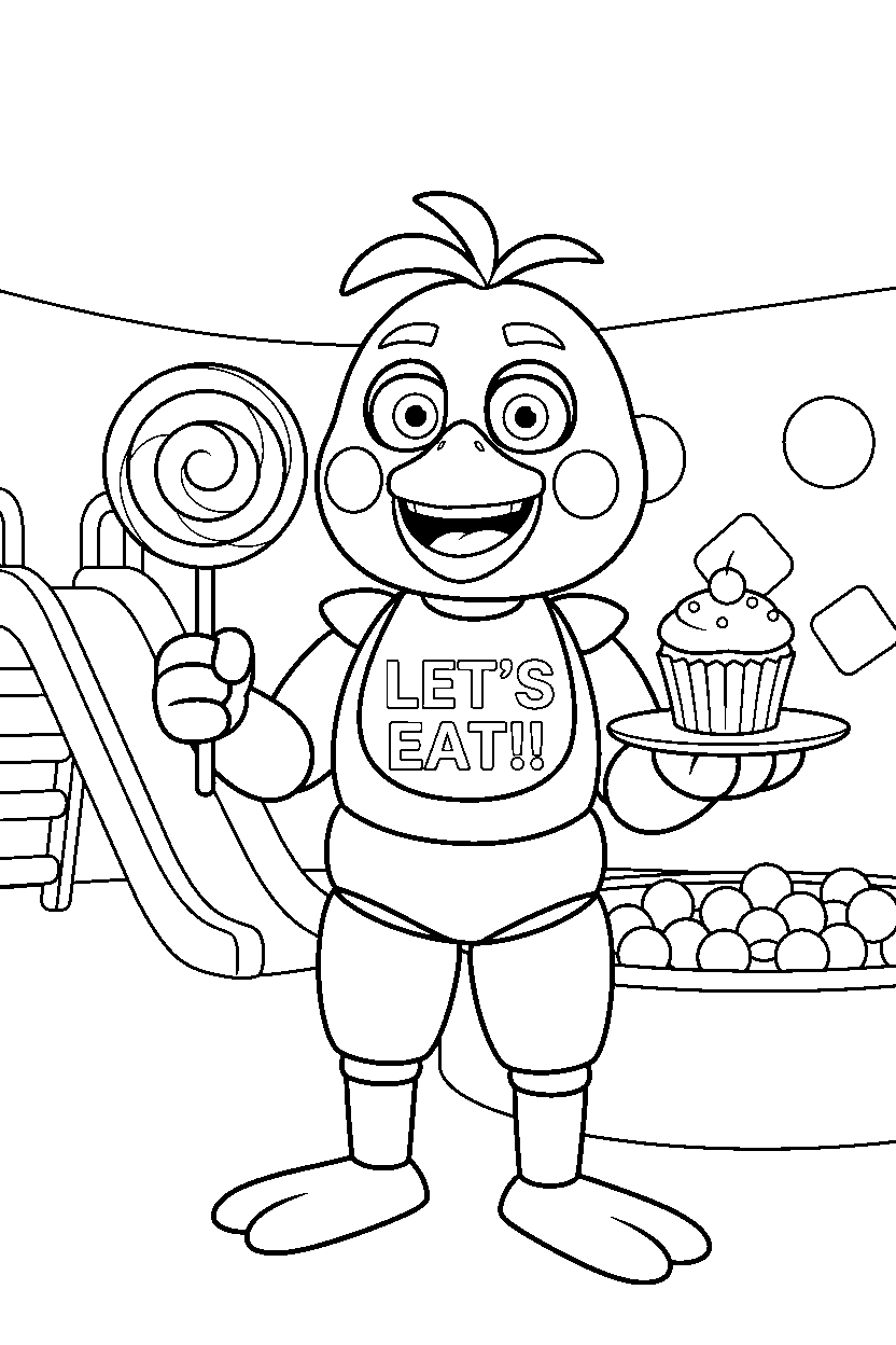 fnaf chica the chicken animatronic holding a candy inside an indoor play area line art