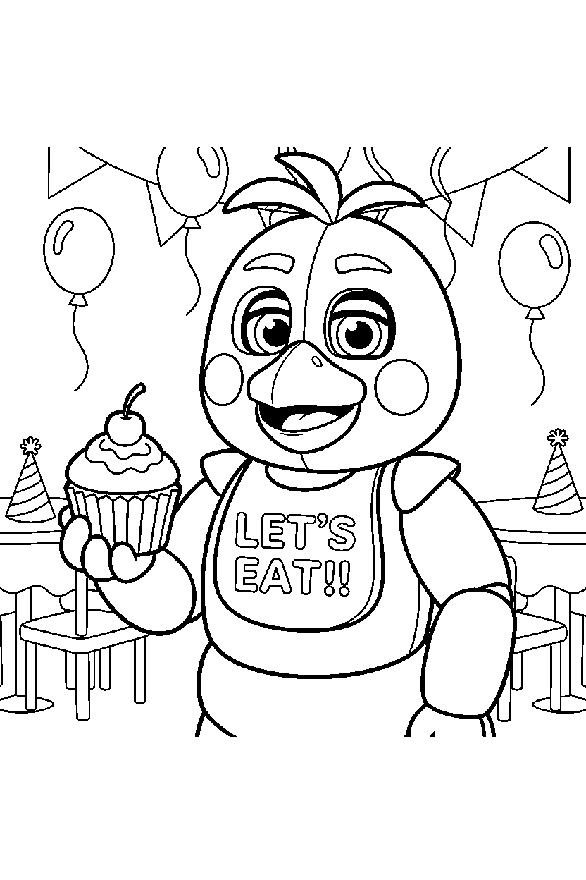 fnaf chica the chicken animatronic holding a cupcake in a colorful party hall line art