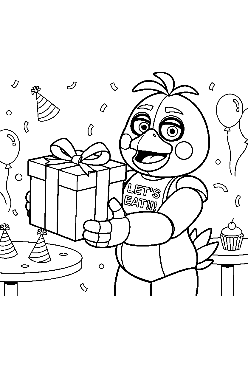 fnaf chica the chicken animatronic holding a gift box in a decorated playroom line art