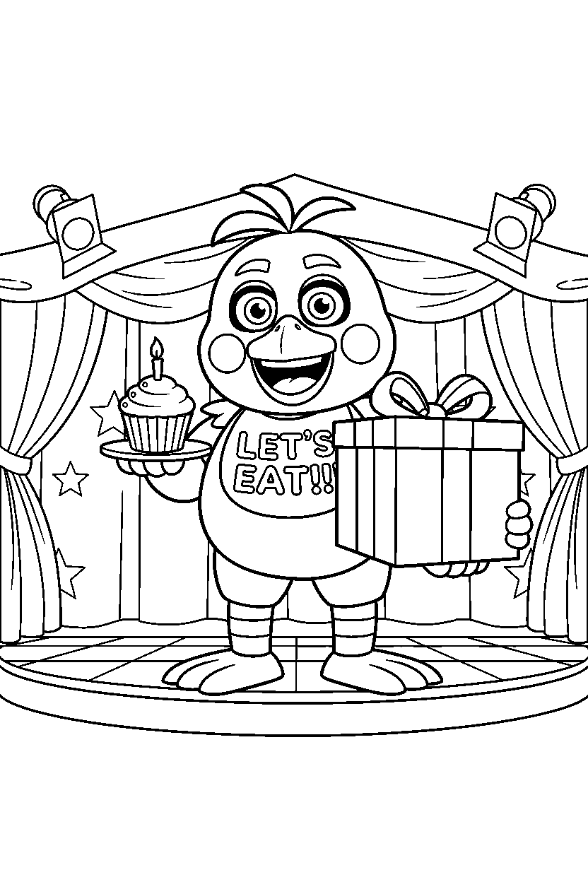 fnaf chica the chicken animatronic holding a gift box in a show stage area line art