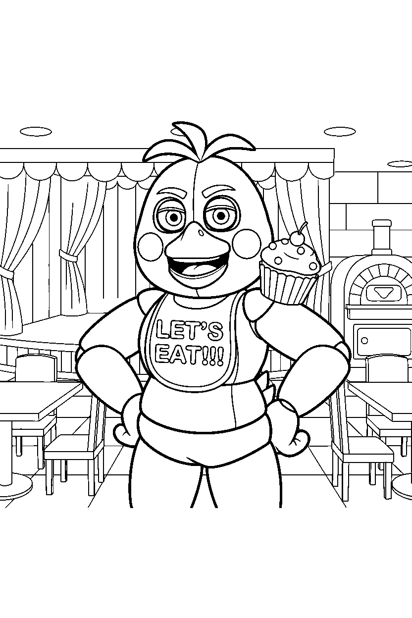 fnaf chica the chicken animatronic posing heroically in a family restaurant line art