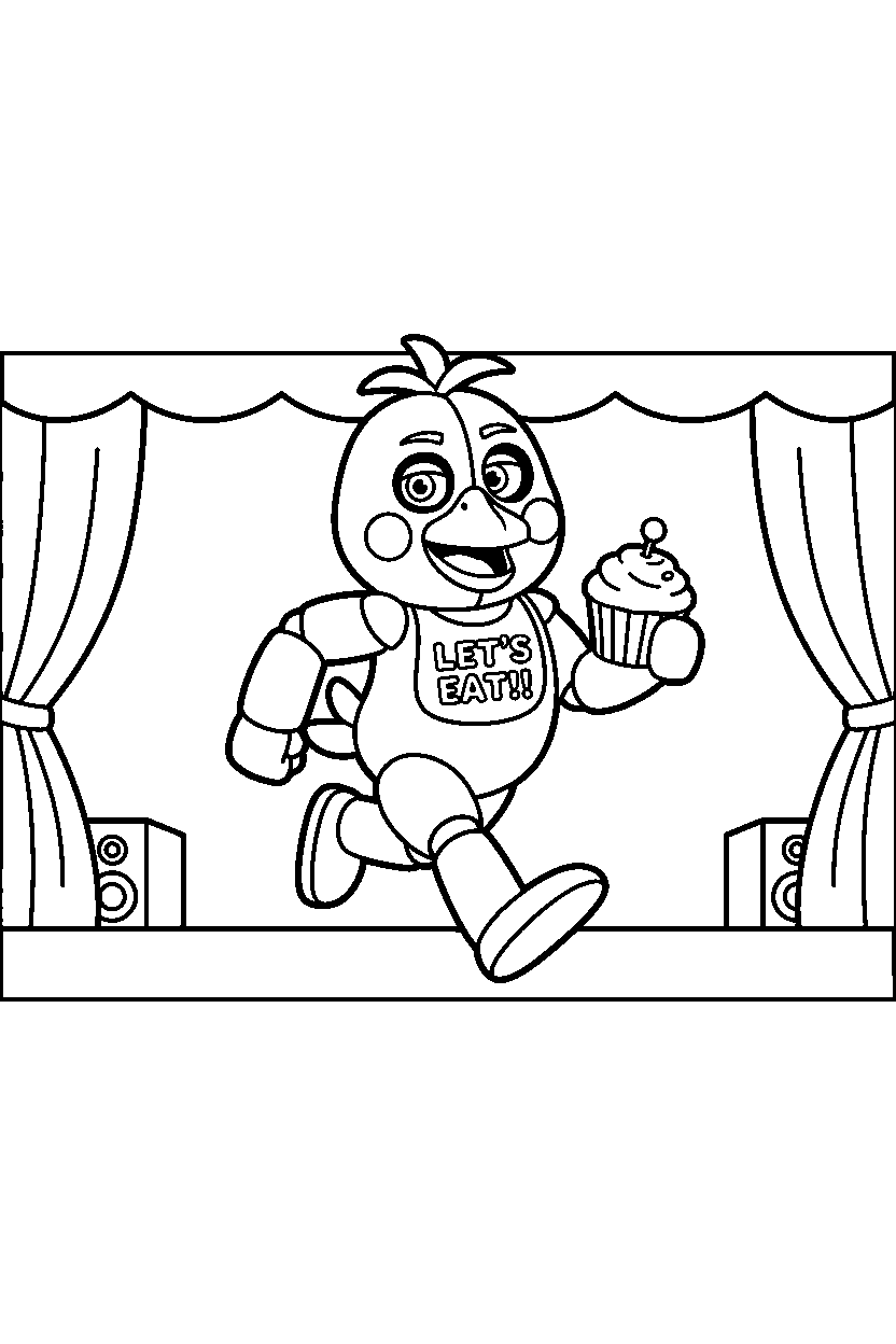 fnaf chica the chicken animatronic running on a stage line art