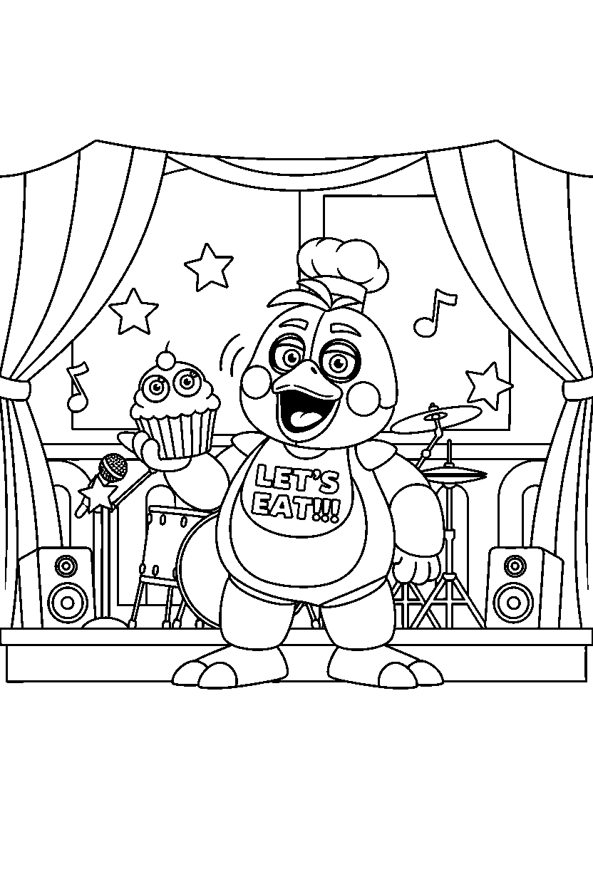 fnaf chica the chicken animatronic singing in a music stage hall line art