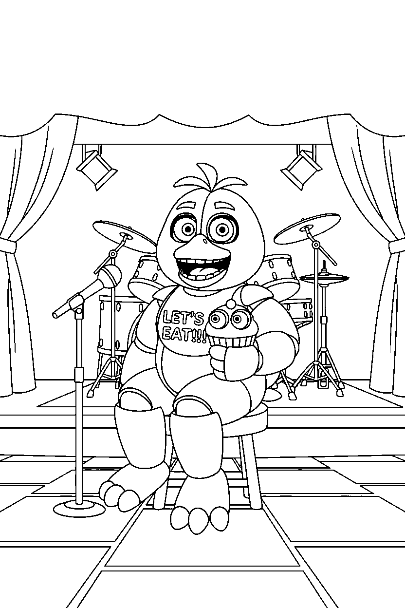 fnaf chica the chicken animatronic sitting and smiling in a music stage hall line art