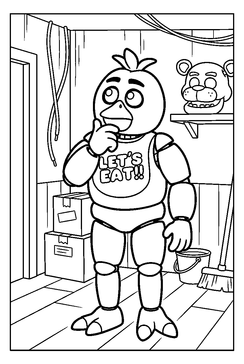 fnaf chica thinking in backstage room line art