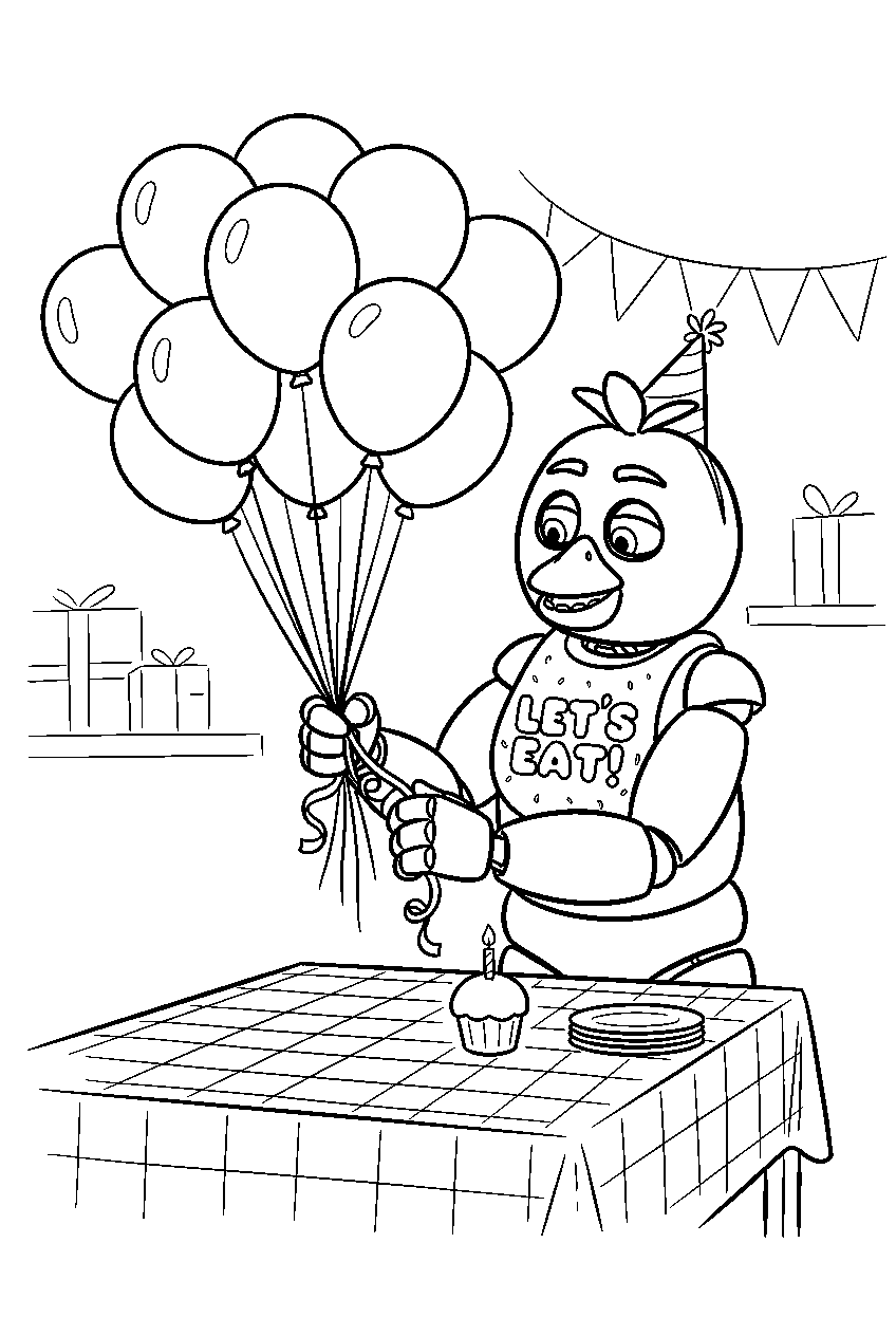 fnaf chica tying ribbons around a balloon bunch at the party table line art