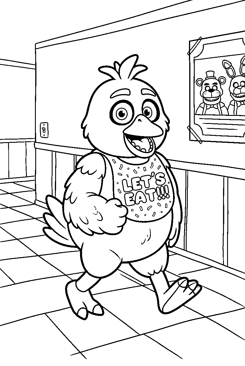 fnaf chica walking in west hallway line art
