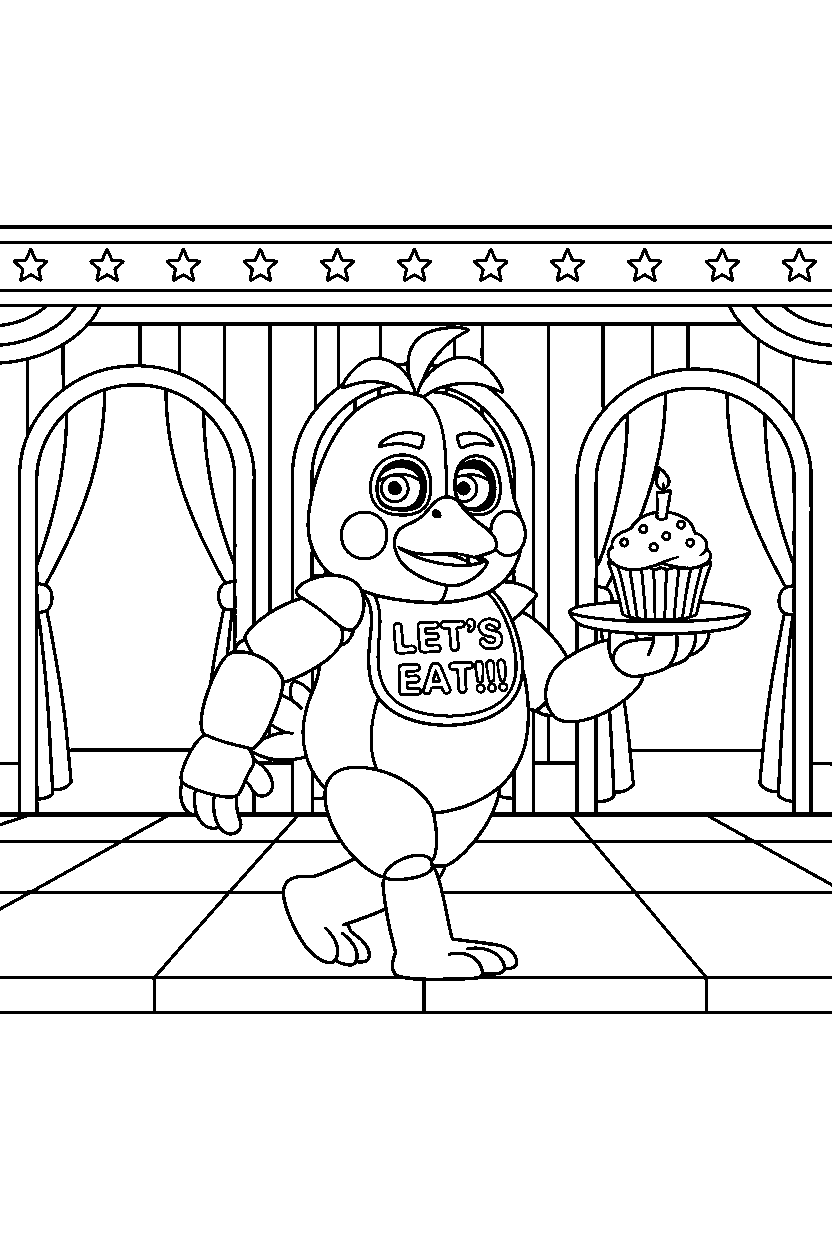 fnaf chica walking slowly in animatronic stage line art